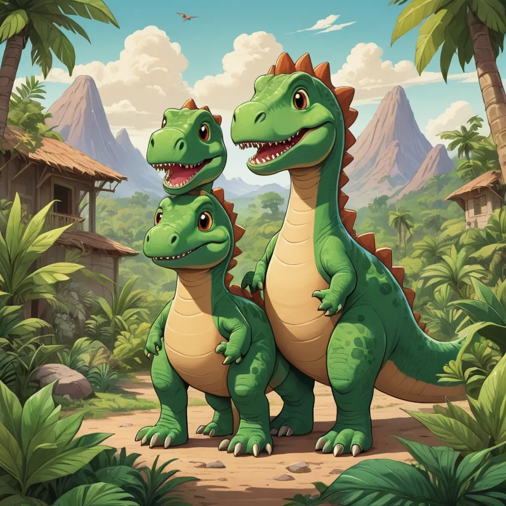 two dinosaurs standing in the jungle with a mountain in the background illustration by alex krapfke for the children's book, sots art, a storybook illustration, Chris LaBrooy, official art
