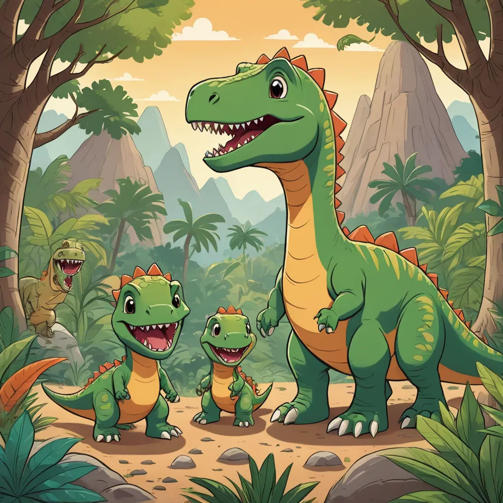 a family of dinosaurs in the jungle with a mountain background illustration by alex krautman for the children's book, the dinosaur story, sots art, a storybook illustration, Adam Rex, rossdraws global illumination