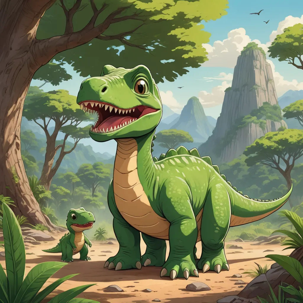 a cartoon dinosaur and its baby in a forest with mountains in the background and trees in the foreground, altermodern, a storybook illustration, Adam Rex, rossdraws global illumination