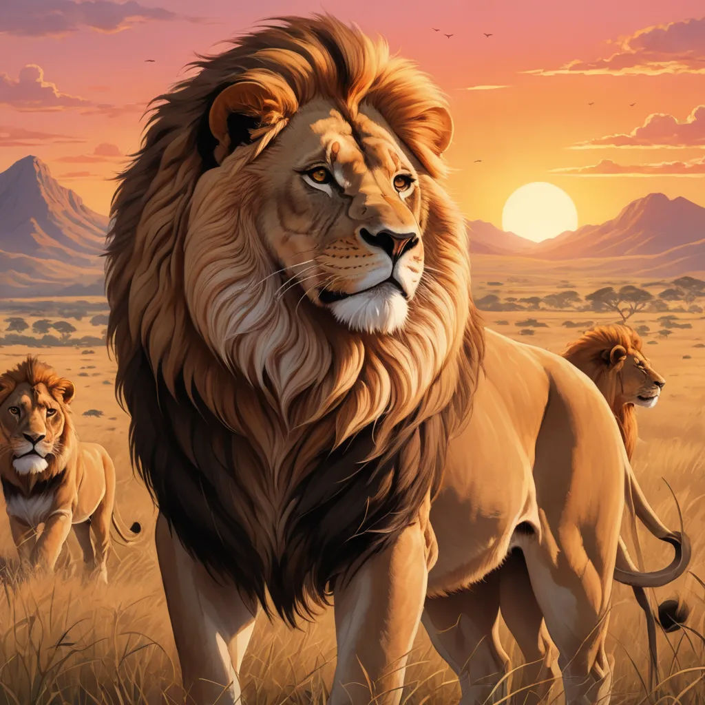 a painting of a lion and two lions in a field at sunset with mountains in the background and a pink sky, furry art, an airbrush painting, Brothers Hildebrandt, majestic