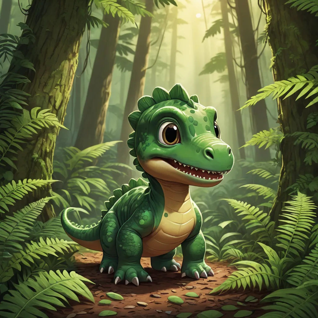 a green dinosaur in a forest with a sunbeam in the background and a fern forest in the foreground, sots art, a digital painting, Chris LaBrooy, 2 d game art