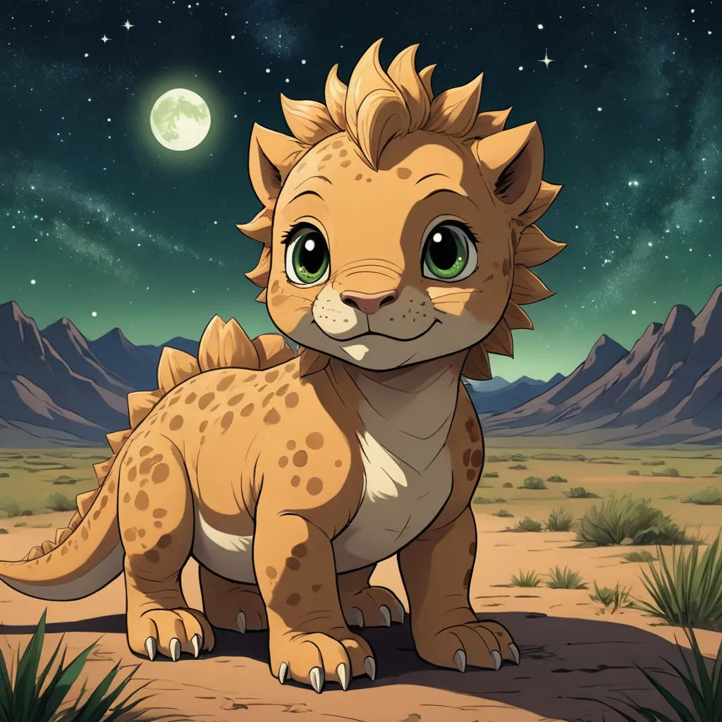 a cartoon of a small lion standing in the desert at night with a full moon in the background and stars in the sky, lyco art, a character portrait, Abidin Dino, official art