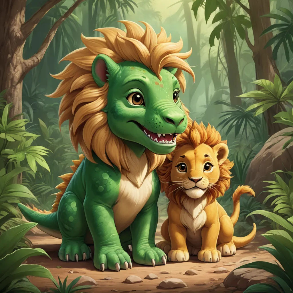 a lion and a lion cub sitting in the jungle together, with a background of trees and bushes, and a jungle scene, sots art, concept art, Chris LaBrooy, key art