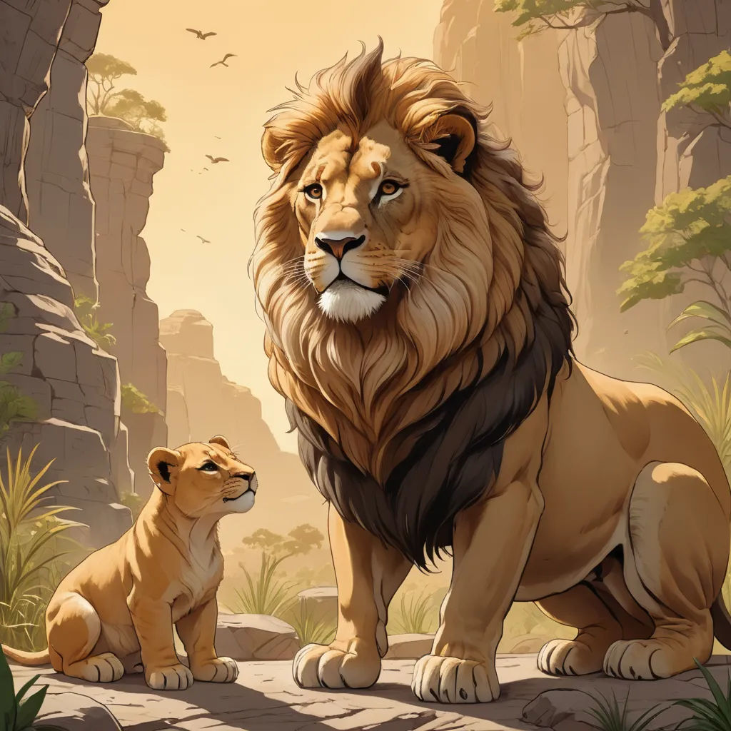 a lion and a lion cub sitting on a rock in a jungle setting with a bird flying overhead in the background, furry art, a painting, Brothers Hildebrandt, official art