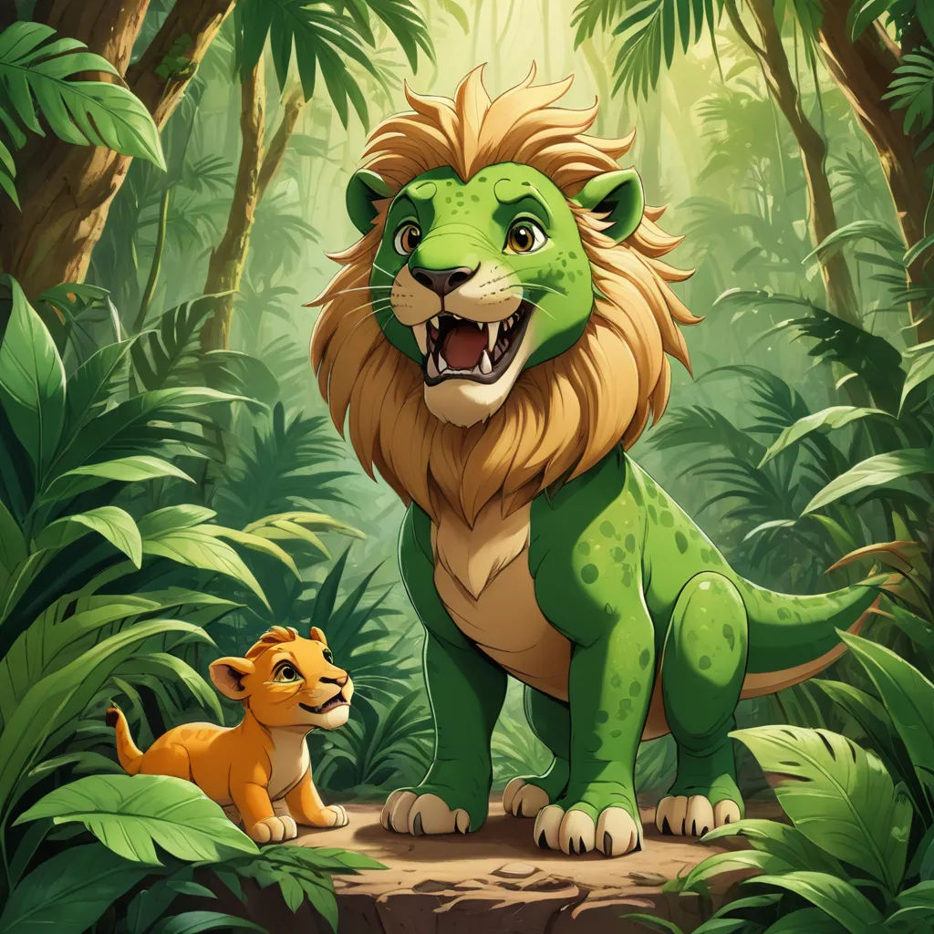a lion and a lion cub in a jungle scene with palm trees and foliages, with a sunbeam in the background, sots art, concept art, Chris LaBrooy, jungle