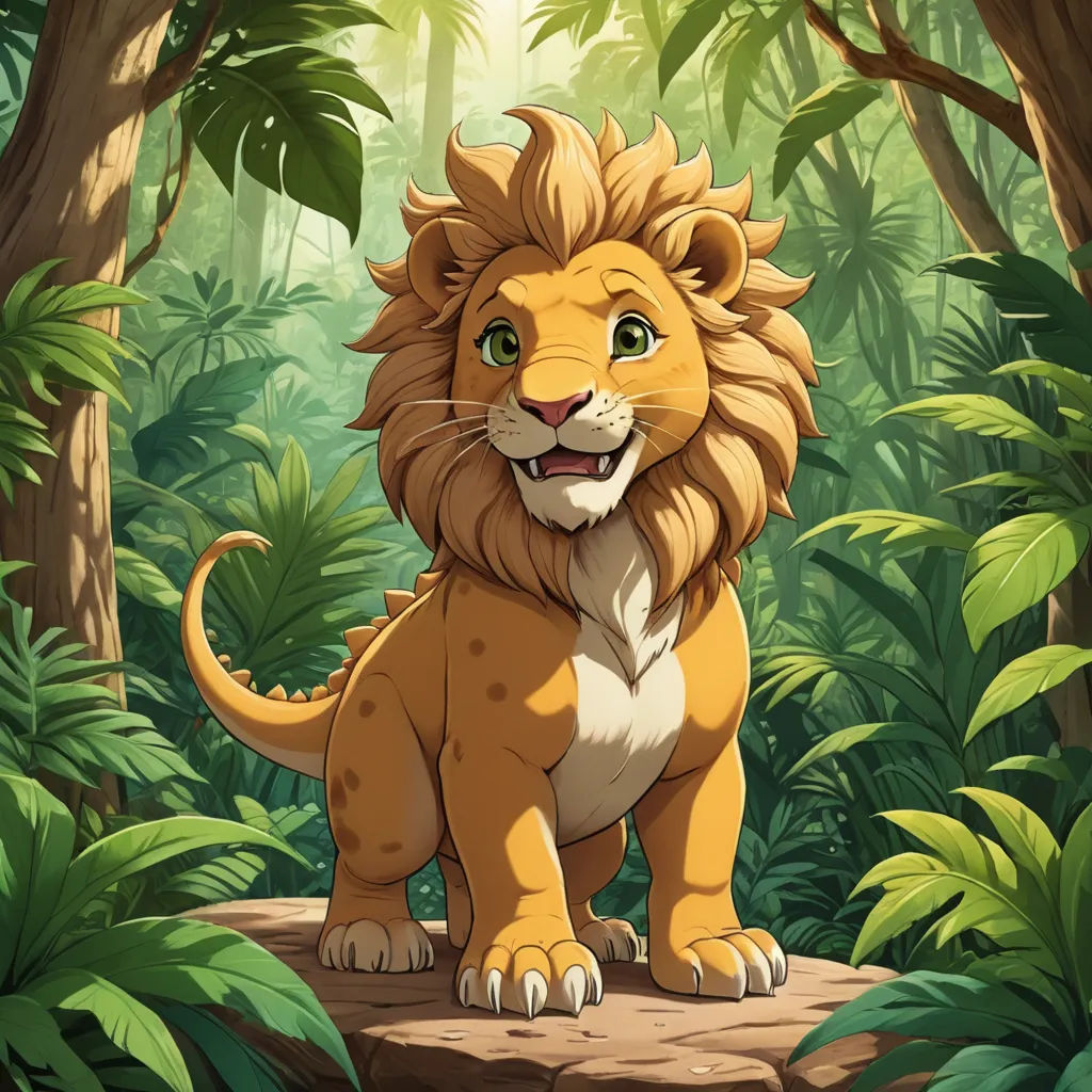 a lion standing in the middle of a jungle with trees and plants around it's edges and smiling, furry art, concept art, Chris LaBrooy, official art