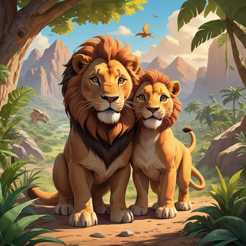 a couple of lions standing next to each other on a forest floor with a bird flying above them and a mountain range in the background, furry art, poster art, Brothers Hildebrandt, official art