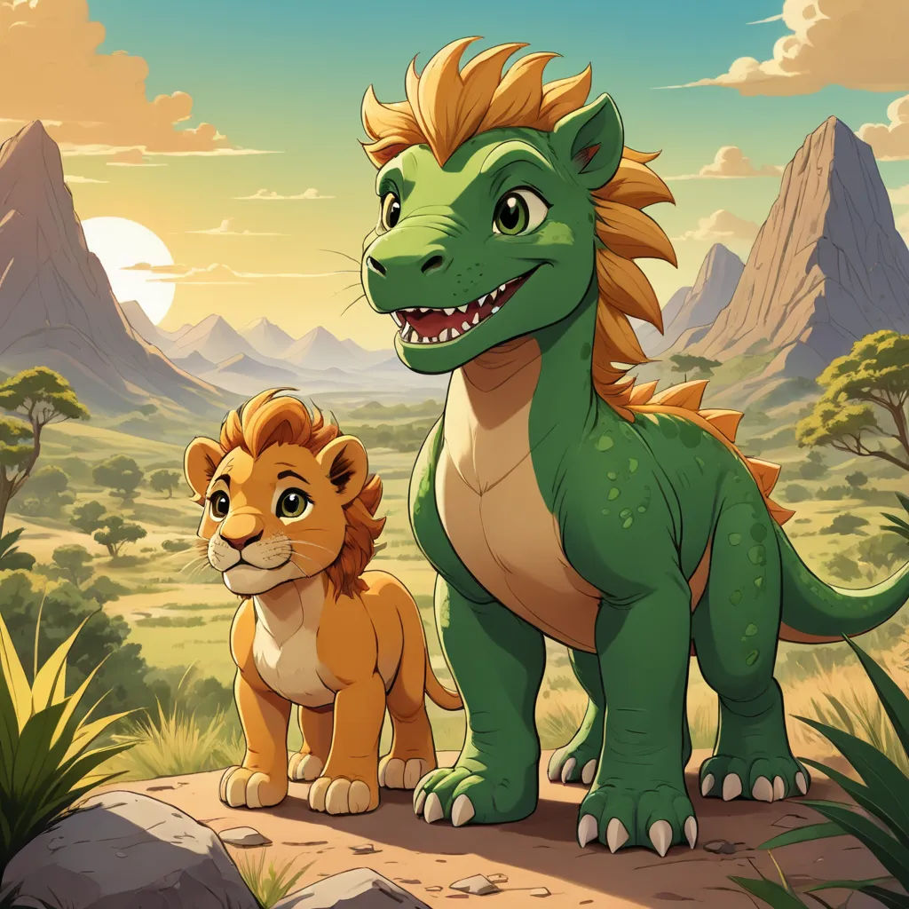 a cartoon of a lion and a dragon standing in the jungle together, with mountains in the background and a sky with clouds, sots art, concept art, Adam Rex, official art