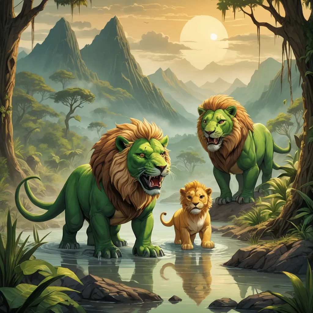 a painting of two lions and a lion cub in a jungle setting with a mountain background and a river, fantasy art, an oil painting, Chris LaBrooy, official art