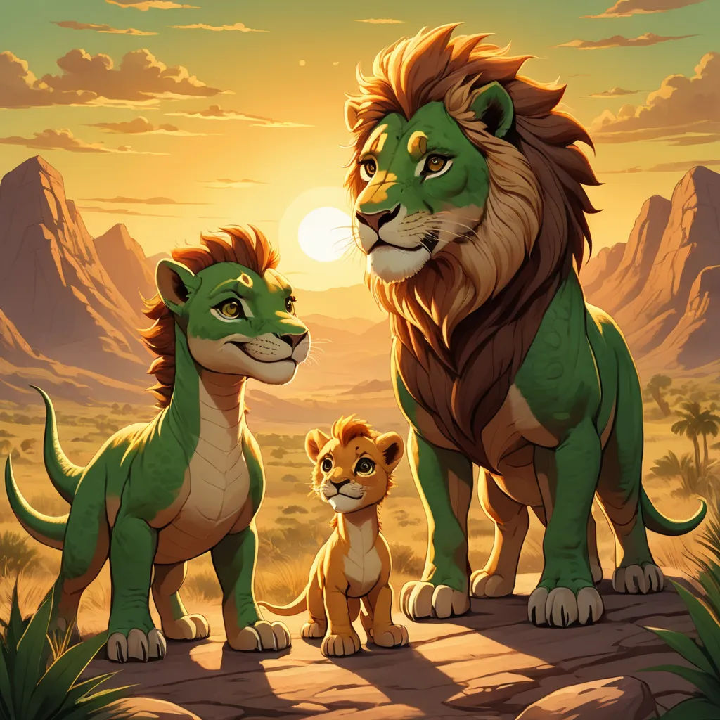a lion and a lion cub standing on a rock in the desert at sunset with mountains in the background, furry art, a poster, Chris LaBrooy, official art