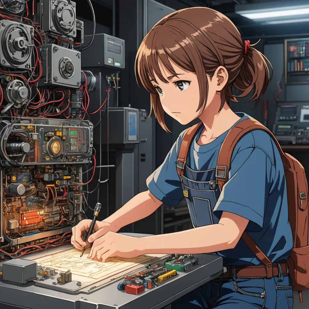a girl is working on a machine in a room with many wires and other equipment on the wall and a large clock, computer art, computer graphics, Chizuko Yoshida, official art