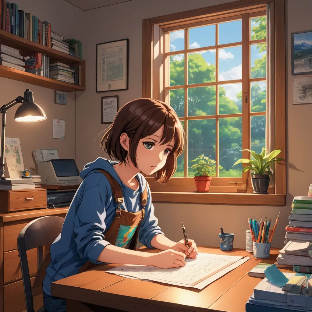 a girl sitting at a desk writing on a piece of paper with a window in the background and a bookcase with books, remodernism, computer graphics, artist, official art