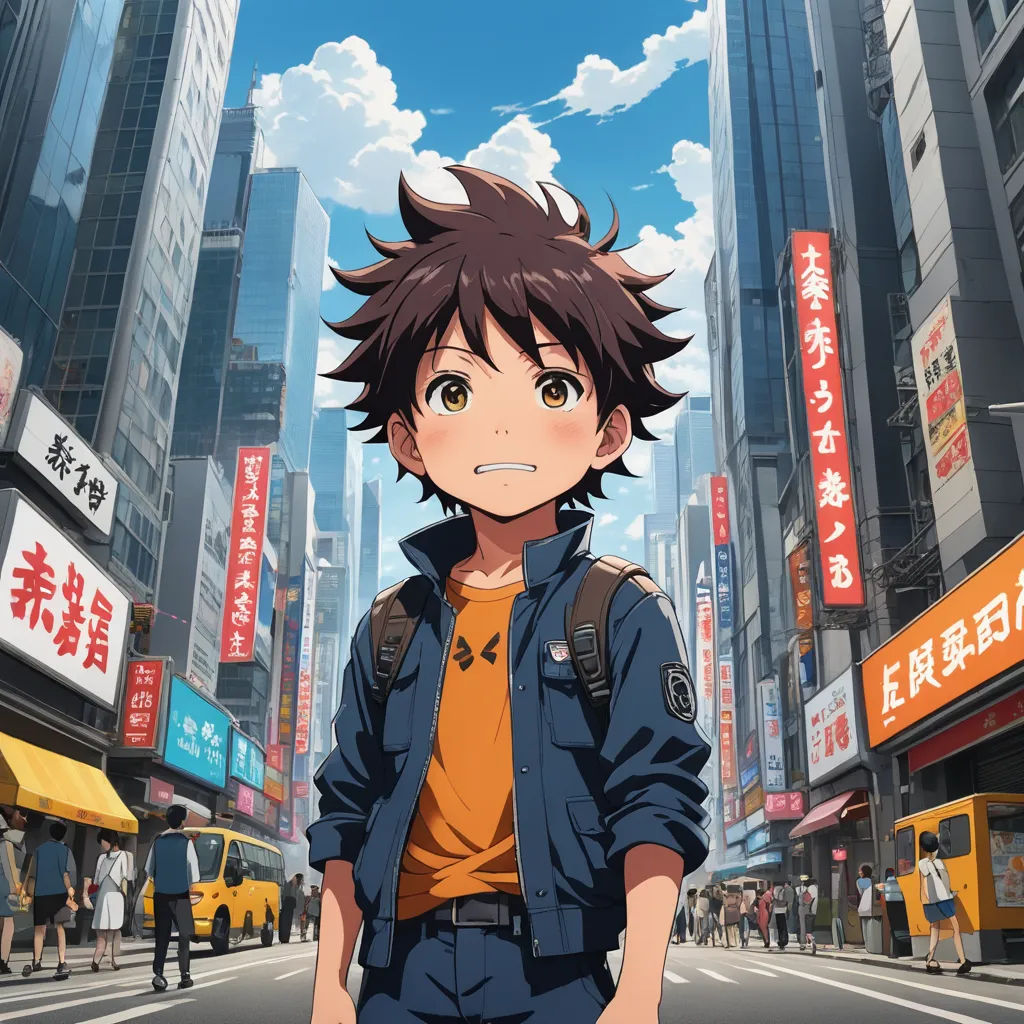 a man standing in the middle of a city street with a backpack on his shoulder and a backpack on his shoulder, rayonism, concept art, Aguri Uchida, anime key visual