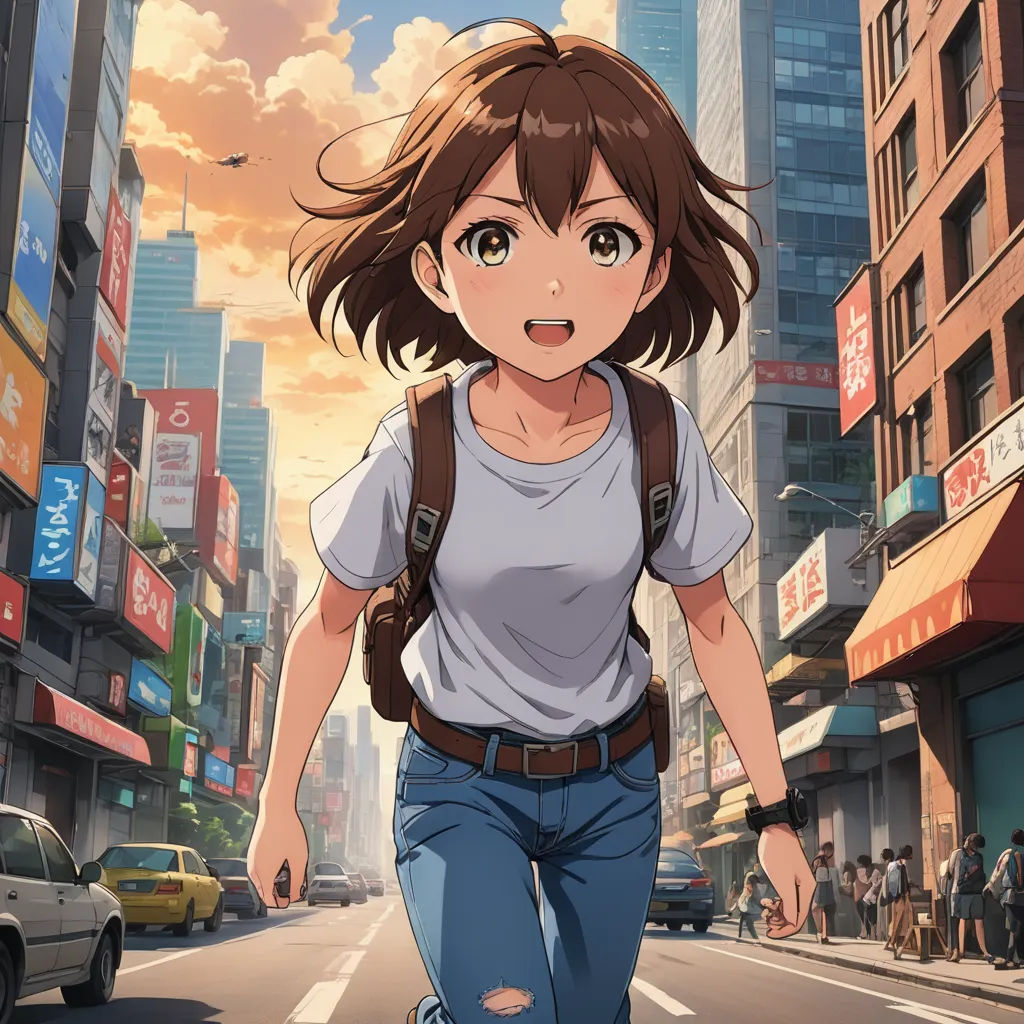 a girl walking down a street in a city with tall buildings and a sky background with clouds and buildings, american scene painting, concept art, Aya Goda, official art