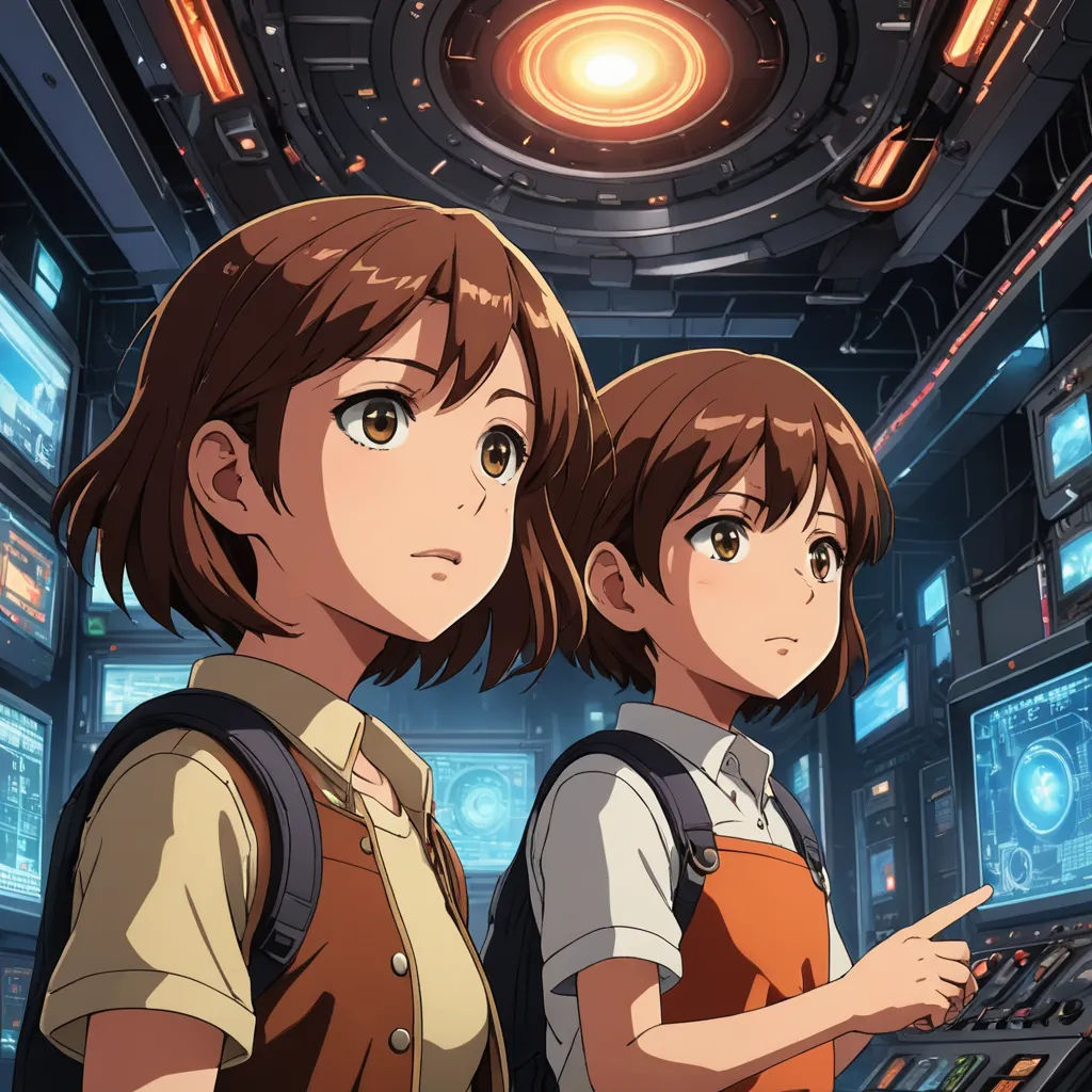 two anime girls standing in a control room with a light shining on them and a screen behind them that says,, rayonism, poster art, Ai-Mitsu, anime key visual