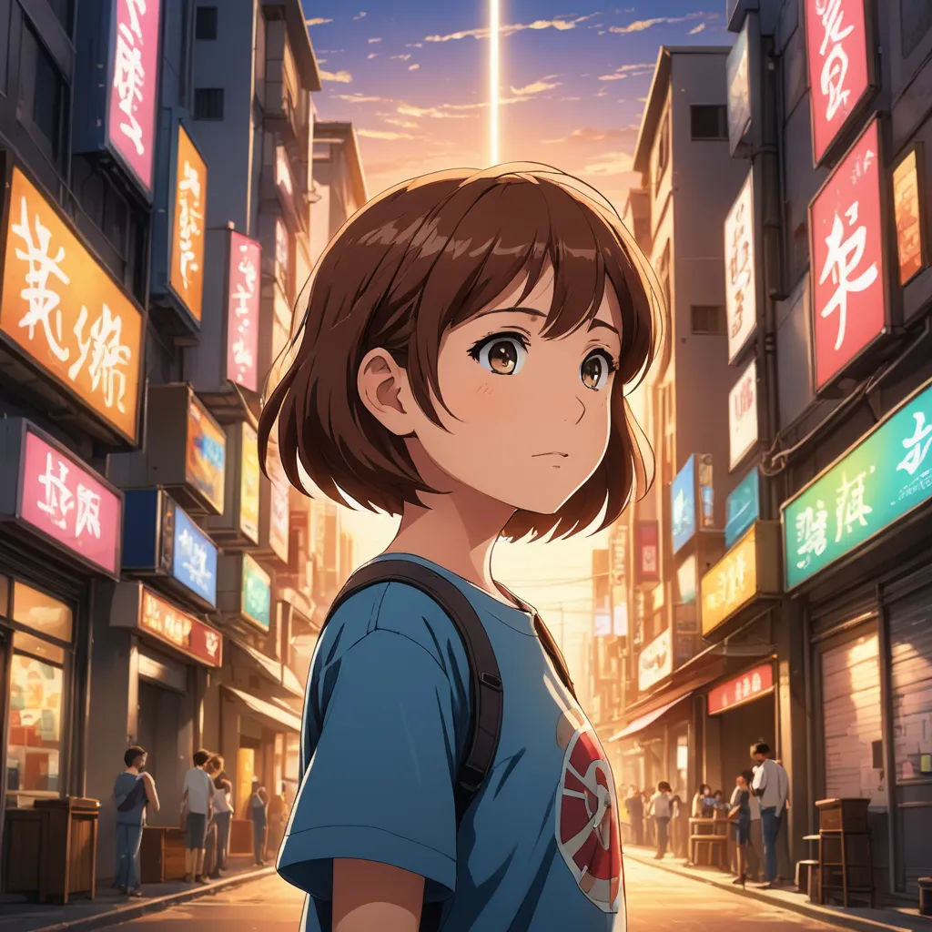 a girl standing in a city street with a sky background and a cityscape in the background with asian characters, precisionism, poster art, Ai-Mitsu, anime key visual