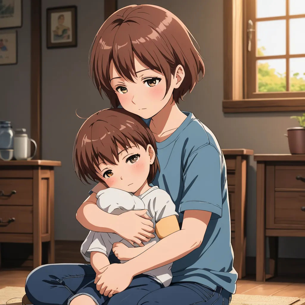 a woman holding a child in a room with a window in the background and a dresser with a potted plant, sots art, a picture, Ai-Mitsu, official art