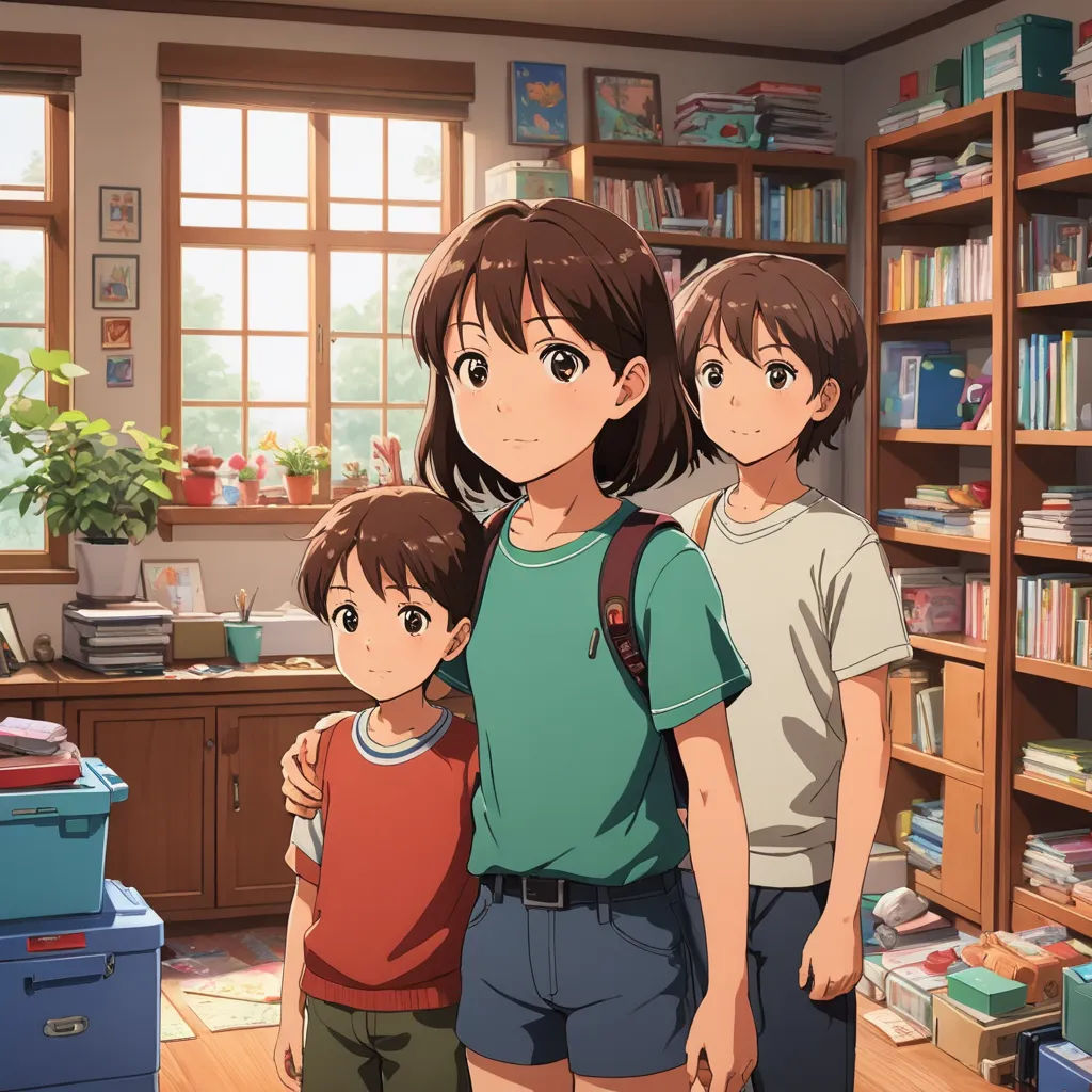 a family of three standing in a room with a book shelf full of books and a window with a view of the outside, rayonism, poster art, Chizuko Yoshida, official art