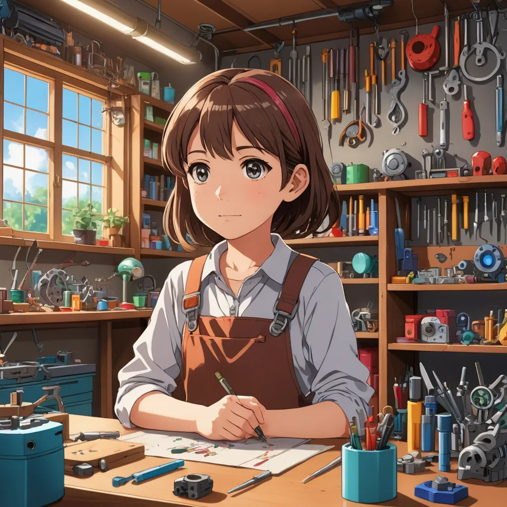 a girl is sitting at a table with a pencil and a lot of tools on it in a room, remodernism, computer graphics, Ai-Mitsu, official art