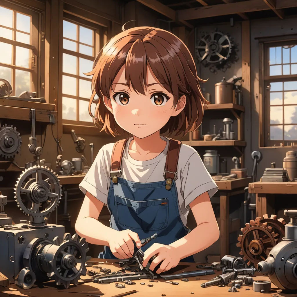 a girl in a workshop working on a machine with a wrench in her hand and a clock in the background, socialist realism, computer graphics, Chizuko Yoshida, official art