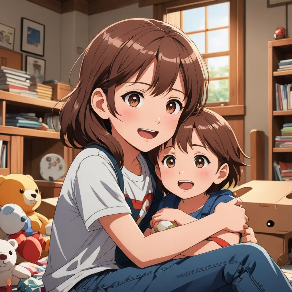 a woman and a child sitting on a floor in a room with bookshelves and stuffed animals on the floor, rayonism, a painting, Ai-Mitsu, official art