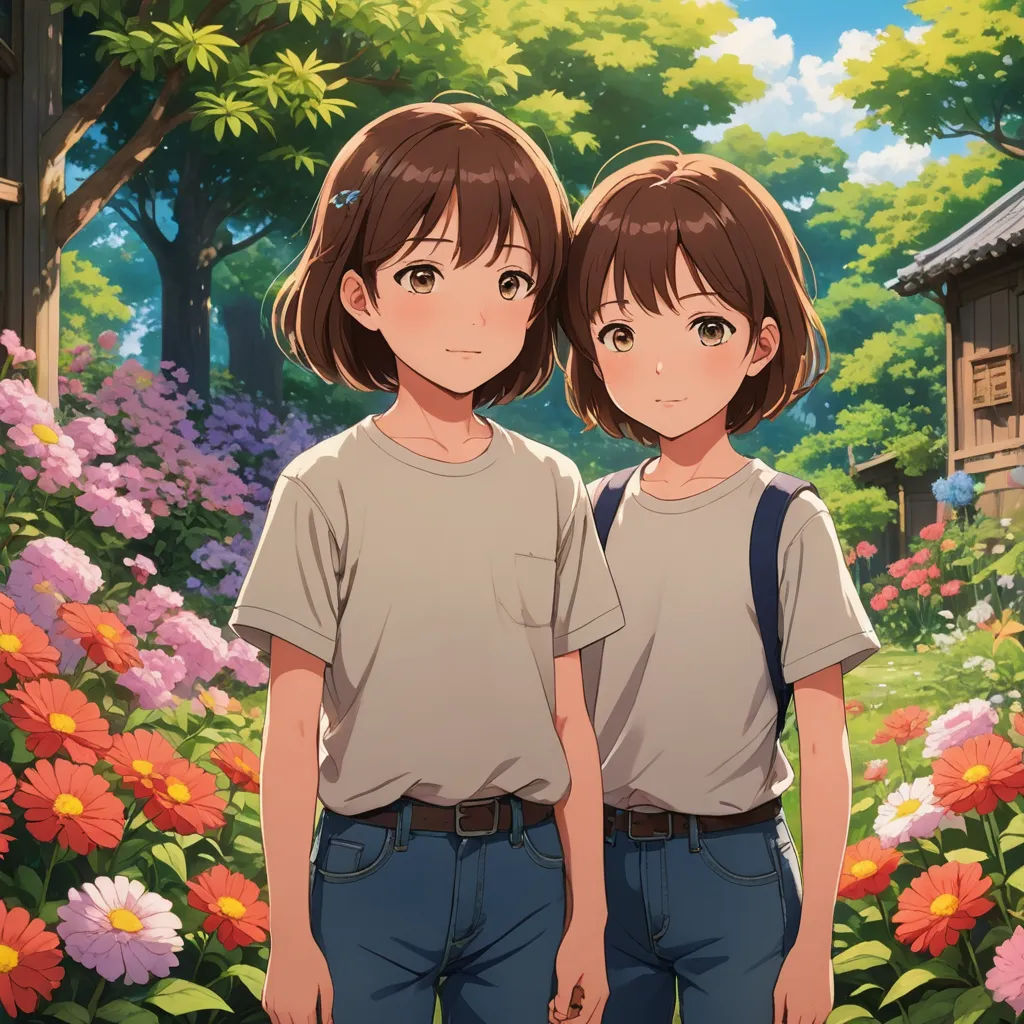 two people standing in front of flowers and trees with a house in the background and a sky with clouds, color field, a painting, Bob Ross, official art