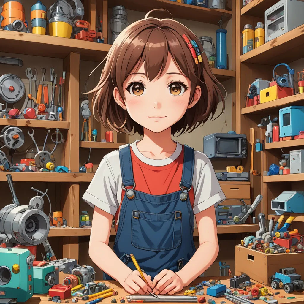 a girl is standing in front of a table with a pencil and a pencil in her hand and a bunch of tools behind her, pixel art, computer graphics, Ai-Mitsu, official art