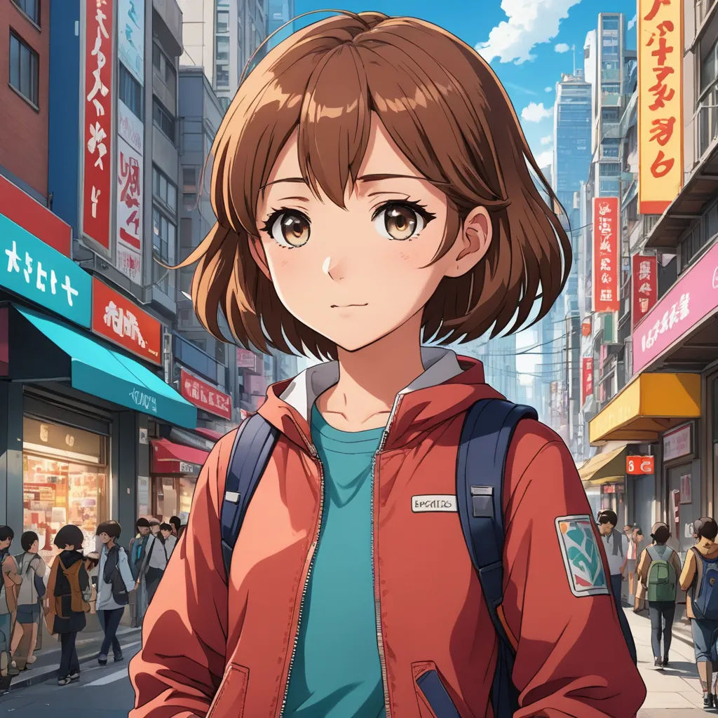 a girl in a red jacket is standing in the street with a backpack on her shoulder and a city in the background, sots art, a character portrait, Ai-Mitsu, official art