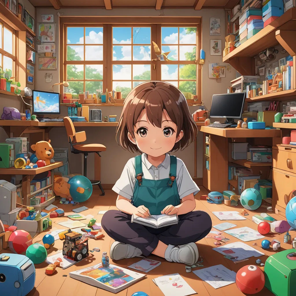 a girl sitting on the floor in a room with toys and books on the floor and a window in the background, sots art, a detailed painting, artist, official art