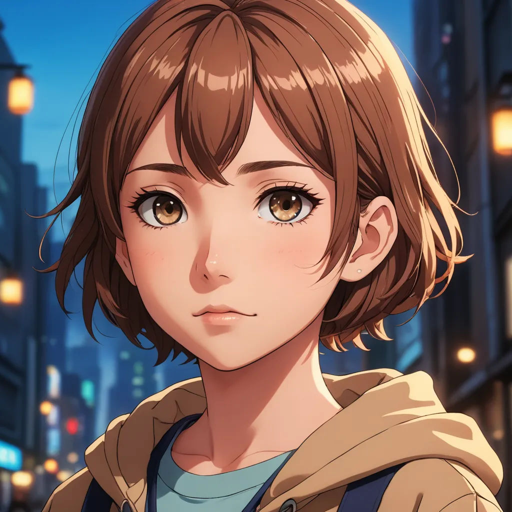 a girl with brown hair and blue eyes standing in a city at night with a street light in the background, sots art, a character portrait, Chizuko Yoshida, official art