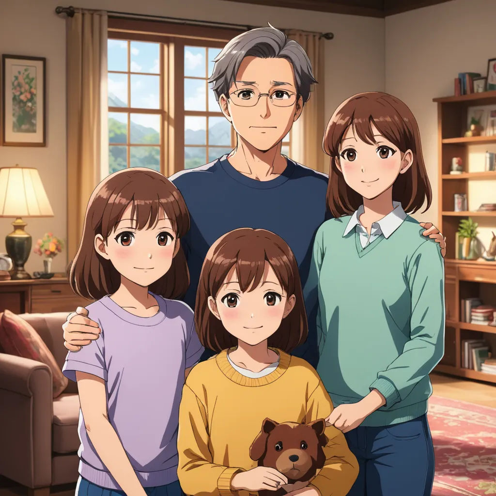 a family standing in a living room with a dog in front of them and a man holding a teddy bear, rayonism, a fine art painting, Akira Toriyama, official art