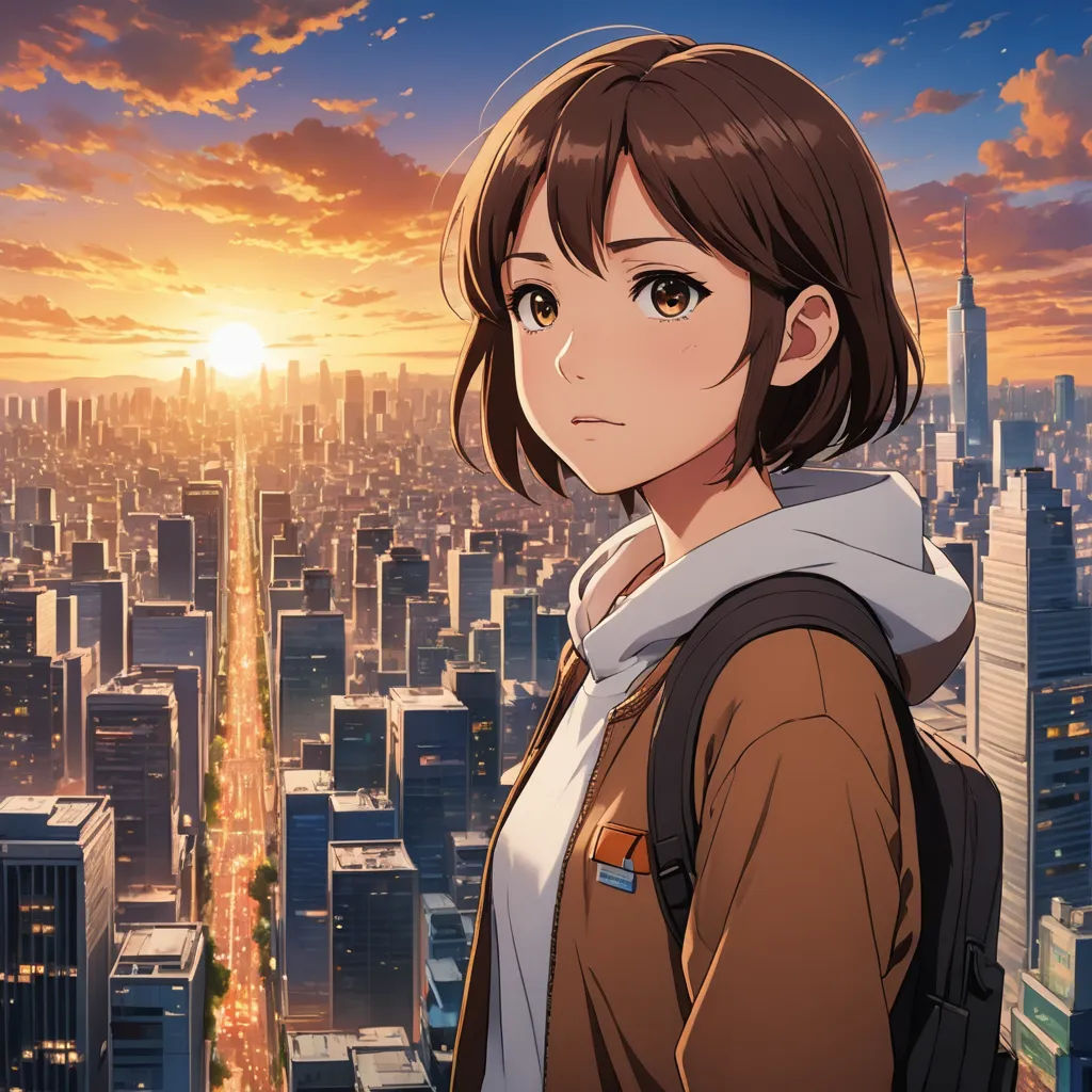 a woman standing in front of a city skyline at sunset with a backpack on her shoulder and a backpack on her shoulder, rayonism, poster art, Aya Goda, anime key visual