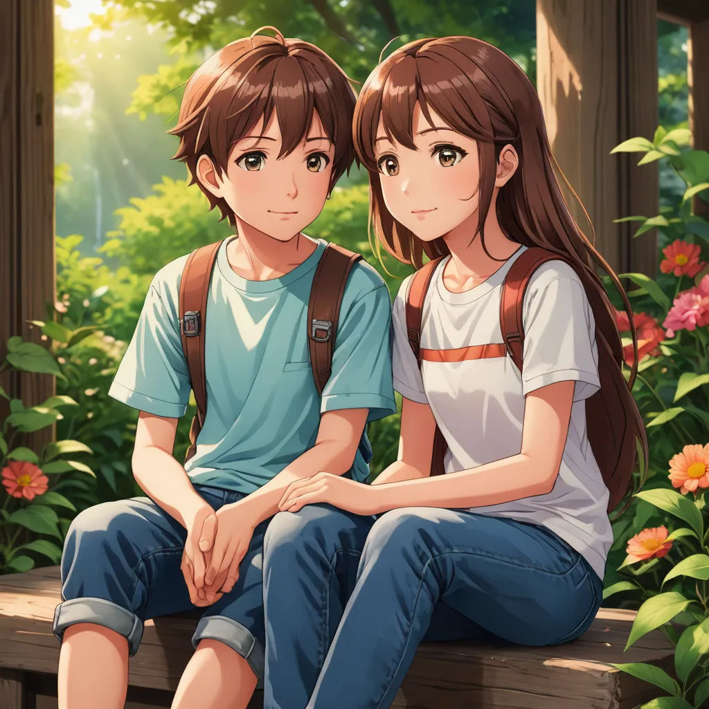 a couple of people sitting on a bench in front of flowers and trees with a forest in the background, sots art, a detailed painting, Ai-Mitsu, official art