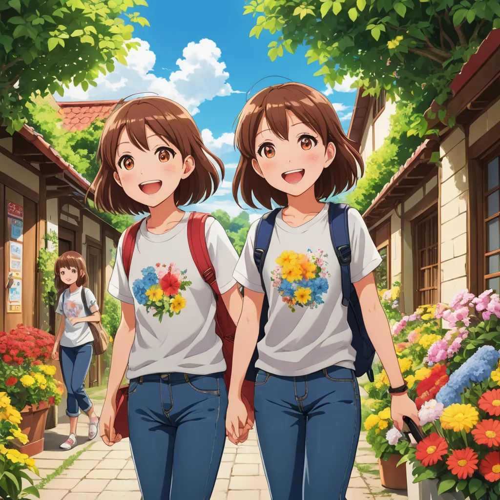 two girls walking down a street with flowers on their shirts and backpacks on their backs, with a girl in the background, rayonism, an album cover, Ai-Mitsu, official art