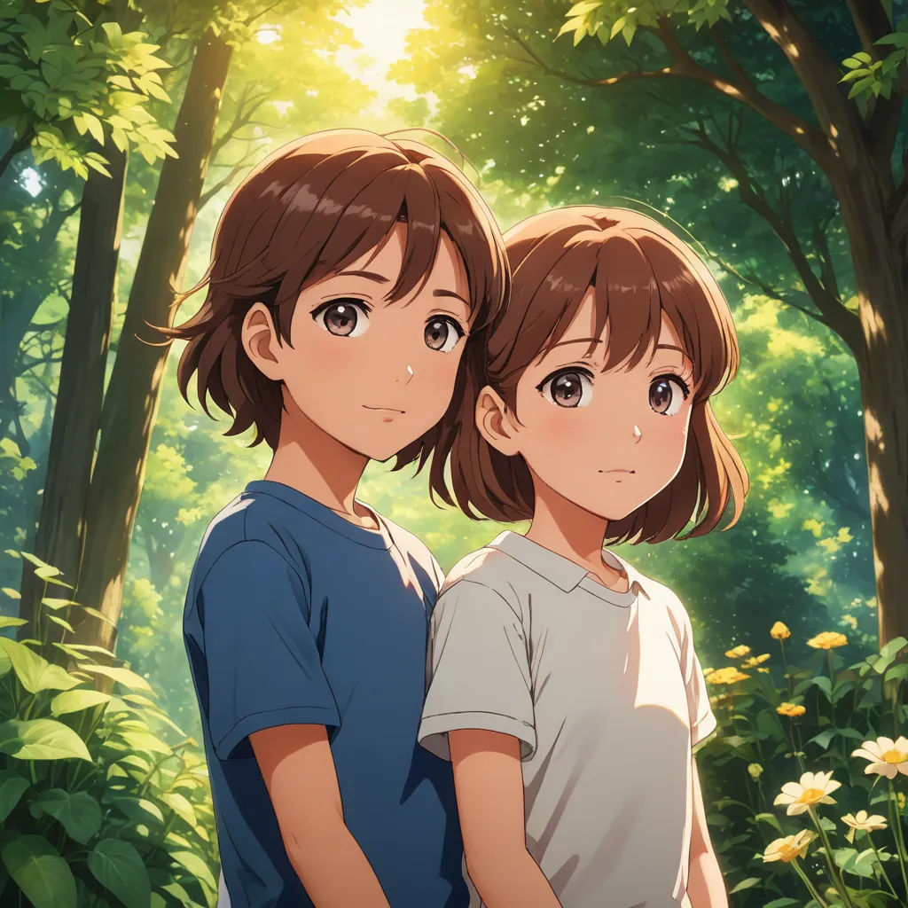 two people standing in the woods with trees in the background and sunlight shining through the trees behind them,, sots art, an album cover, Ai-Mitsu, official art