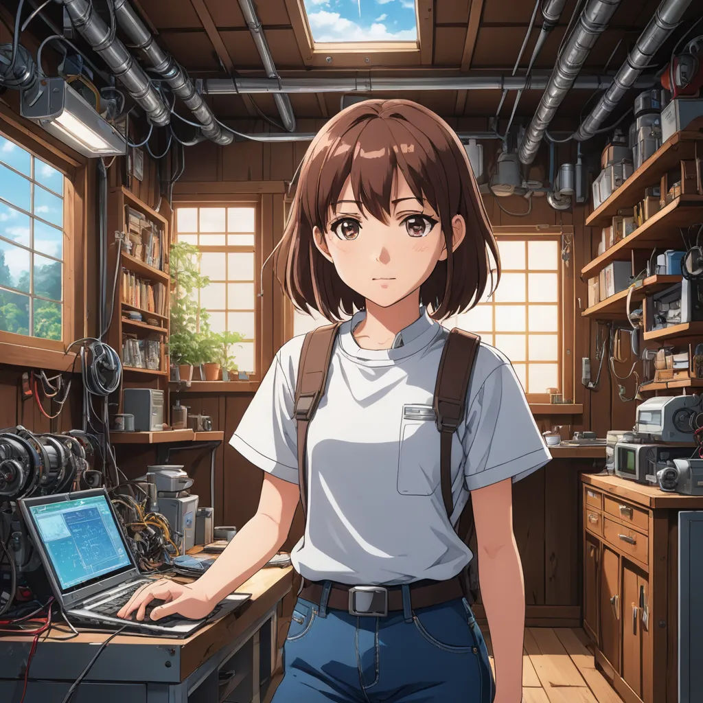 a woman standing in a kitchen with a laptop computer on her lap top and a camera behind her back, remodernism, computer graphics, Chizuko Yoshida, official art