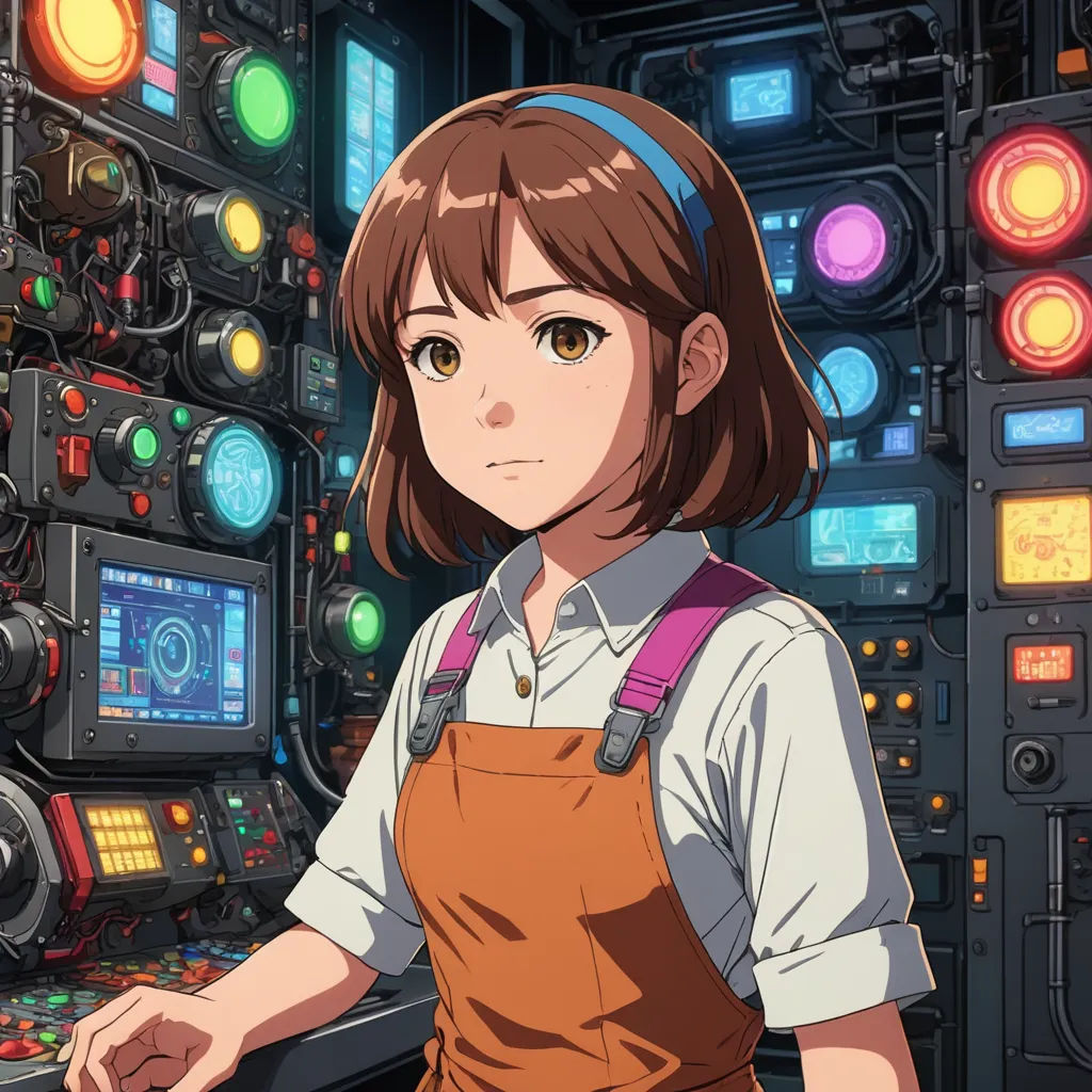a woman in a brown apron standing in front of a control room with many lights on it and a clock, space art, a character portrait, Chizuko Yoshida, official art