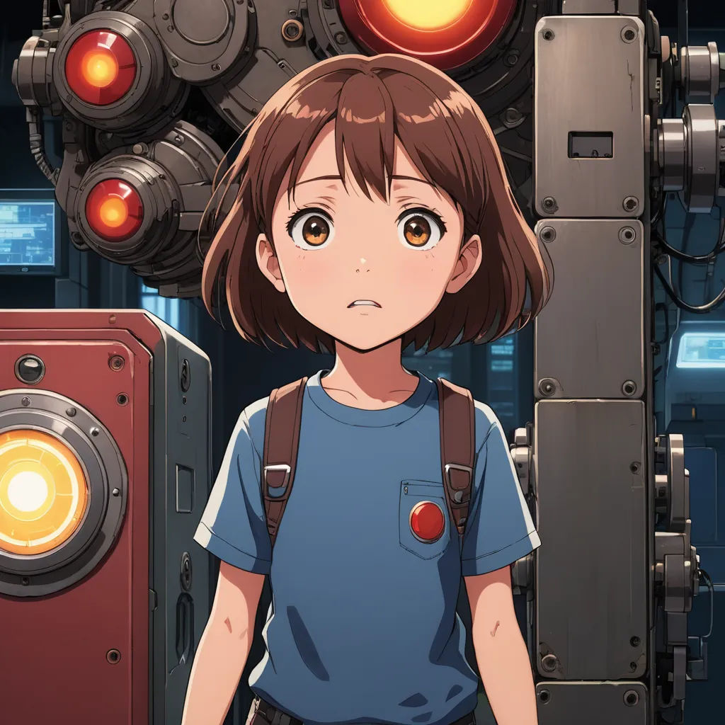 a girl standing in front of a machine with a red light on it's head and a red light on her chest, shock art, concept art, Ai-Mitsu, mecha