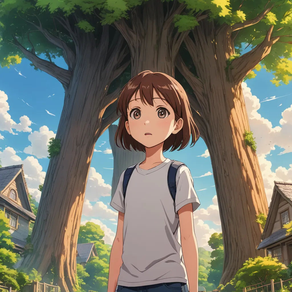 a girl standing in front of a tree in a cartoon style scene with a sky background and clouds in the background, visual art, poster art, Ai-Mitsu, official art