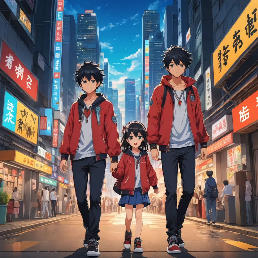 a couple of people walking down a street next to tall buildings in a city with tall buildings in the background, rayonism, concept art, Ai-Mitsu, anime key visual
