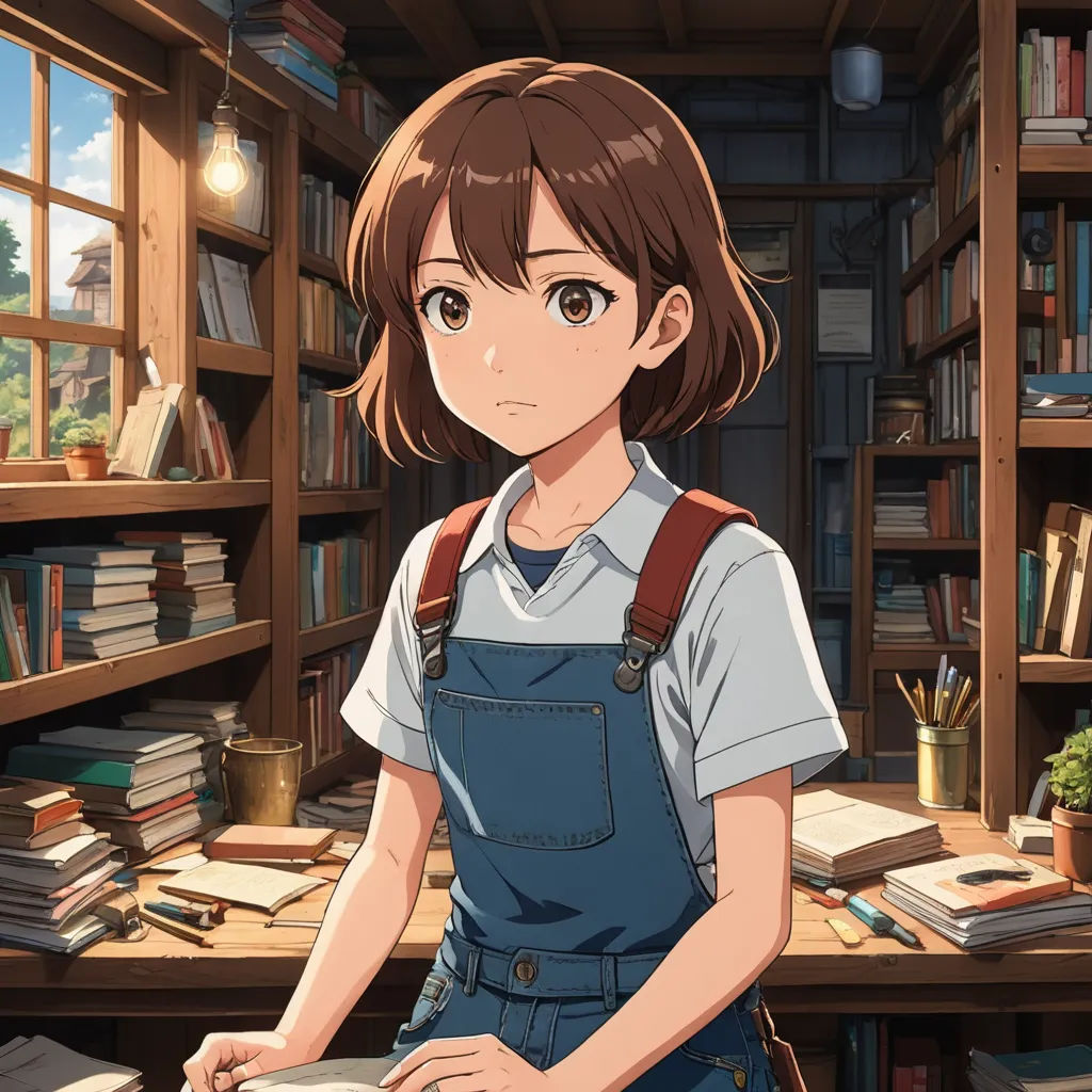 a girl in a library with a book in her hand and a book in her other hand, looking at the camera, remodernism, a character portrait, Chizuko Yoshida, official art
