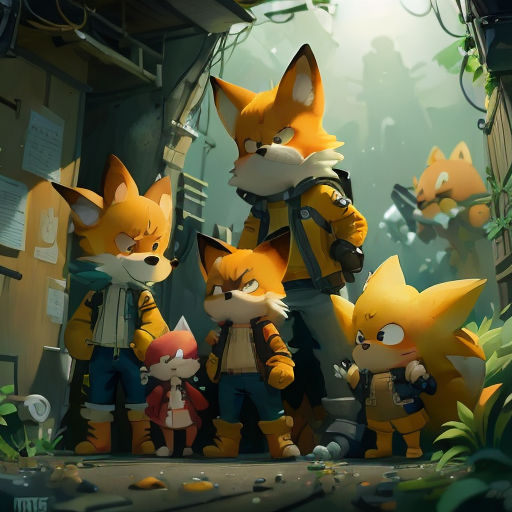a group of foxes standing next to each other in a forest with a man holding a gun and a woman