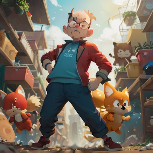 a man standing in front of a bunch of cartoon animals in a city street with buildings and a sky background