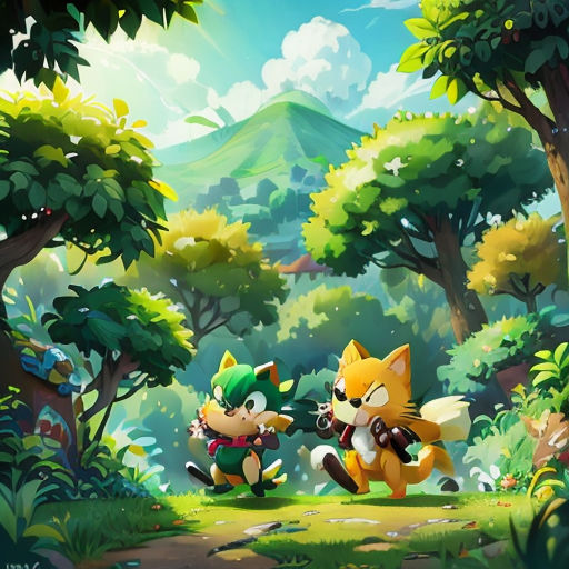 a couple of cartoon animals running through a forest with trees and bushes in the background, with a mountain in the background