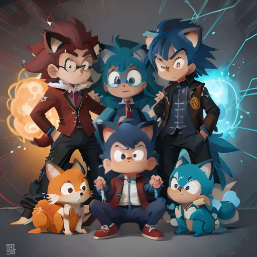 a group of cartoon characters posing for a picture together with a cat and a fox on the side of the picture