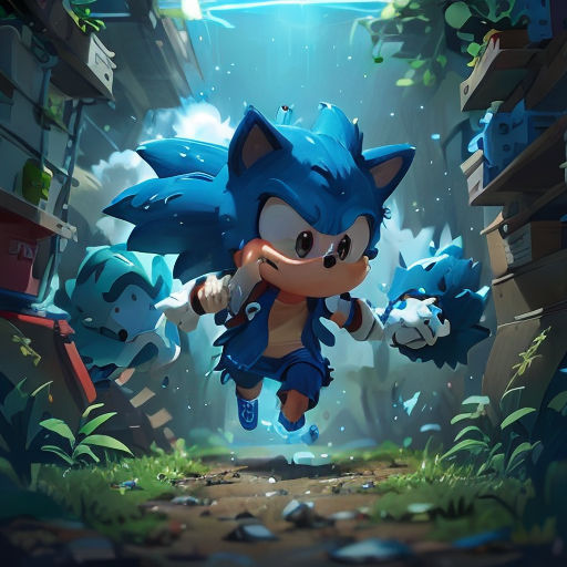 a sonic the hedgehog character running through a tunnel in a cartoon style with other characters nearby in a scene
