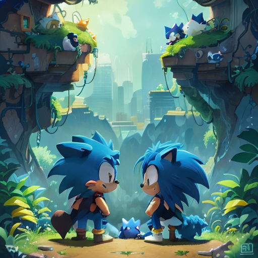 two sonic characters standing in front of a cityscape with a sky background and a forest area with a city in the background