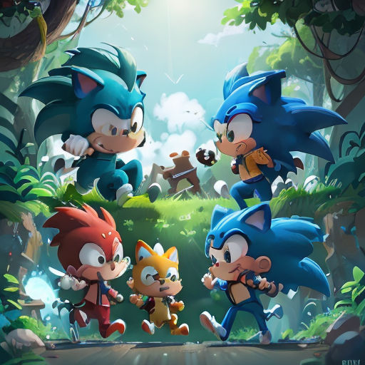 sonic the hedgehogs are playing in the forest together with other characters in the background, and a cat is running