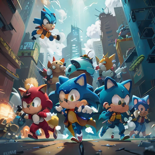 a group of sonic characters in a city street with a sky background and a city skyline in the background