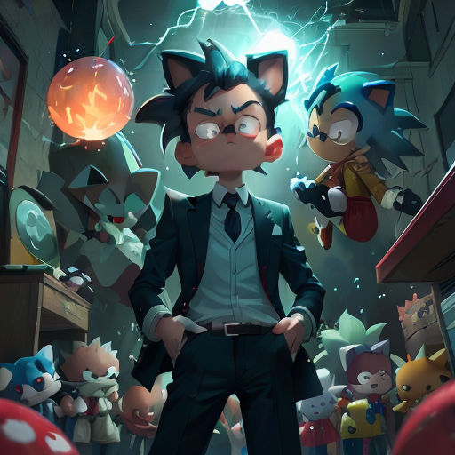 a man in a suit standing in front of a bunch of stuffed animals and a cat in a room